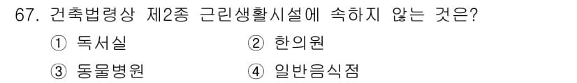 건축설비산업기사 2016년 67번 - 정답은 2. 한의원입니다. 건축법령상 근린생활시설에는 주로 상업적 기능을... 에 관한 핵심 기출문제