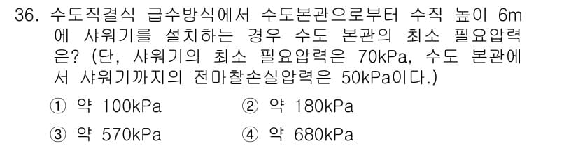 건축설비산업기사 2017년 36번 - 주어진 문제에서 수조의 수면 높이가 6m이고, 샤워기에서의 최소 필요 압... 에 관한 핵심 기출문제