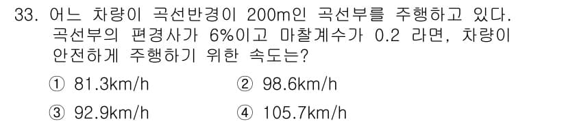 교통기사 2017년 33번 - 차량이 안정하게 주행하기 위한 속도를 계산할 때, 곡선의 반경과 마찰계수... 에 관한 핵심 기출문제