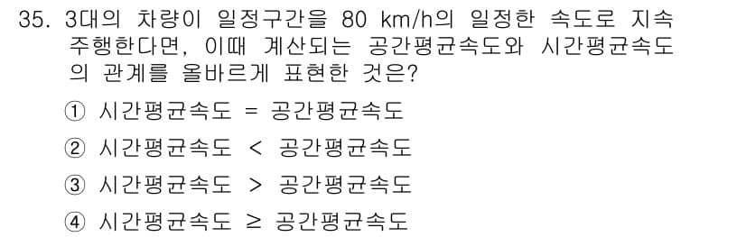 교통기사 2017년 35번 - 주어진 문제에서 차량이 일정하게 80 km/h로 주행하는 경우, 시간평균... 에 관한 핵심 기출문제