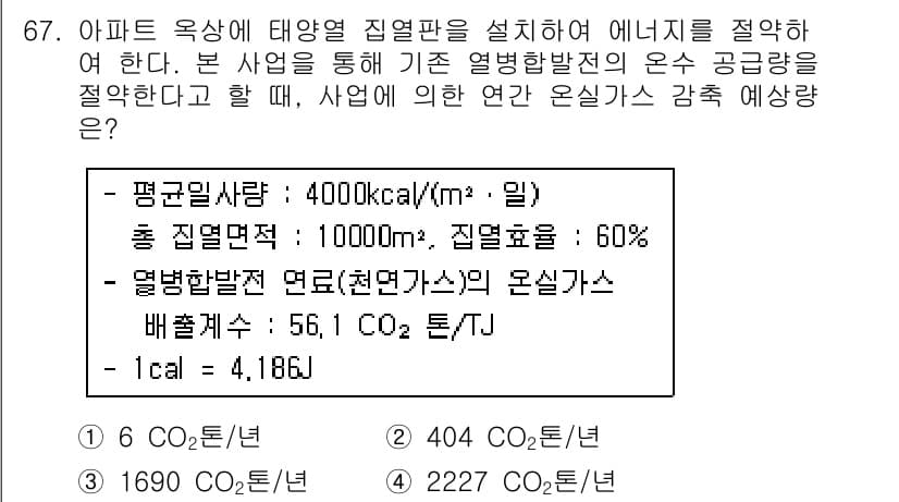 온실가스관리기사 2015년 68번 - 정답 4번을 선택한 이유는, 면적당 에너지 소비량과 열 발생률을 고려했을... 에 관한 핵심 기출문제