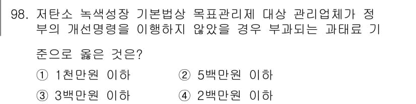온실가스관리기사 2016년 97번 - 부과되는 과태료는 저탄소 녹색성장 기본법에 따라 정해지며, 관리업체가 정... 에 관한 핵심 기출문제