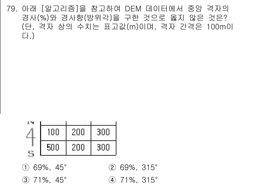 측량및지형공간정보기사 2018년 79번 - 주어진 문제에서 경사도의 계산은 DEM 데이터에 포함된 각 지점의 높이 ... 에 관한 핵심 기출문제