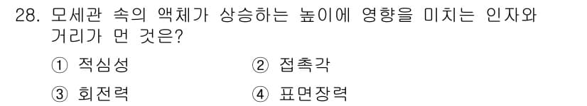 침투비파괴검사산업기사(구) 2015년 28번 - 모세관 속 액체의 높이는 표면 장력과 관련이 있으며, 이는 액체가 표면과... 에 관한 핵심 기출문제