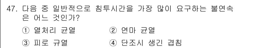 침투비파괴검사산업기사(구) 2015년 47번 - 정답은 5번 "단조시 생긴 겹침"이다. 이는 비파괴검사에서 침투 시간이 ... 에 관한 핵심 기출문제