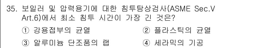 침투비파괴검사산업기사(구) 2016년 35번 - 정답과 핵심 포인트를 검수 중인 기출문제