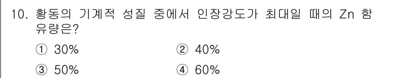 침투비파괴검사산업기사 2016년 10번 - 황동의 기계적 성질에서 인장강도가 최대가 되려면 Zn 함유량이 약 40%... 에 관한 핵심 기출문제