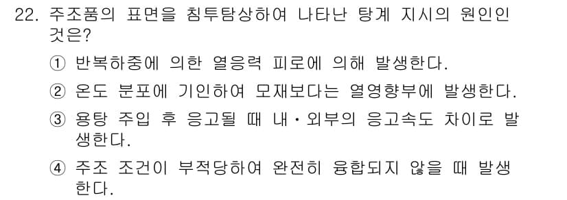 침투비파괴검사산업기사 2016년 22번 - 주조품의 표면이 침투탐상법에 의해 나타난 탕개 지시의 원인은 주로 반복중... 에 관한 핵심 기출문제
