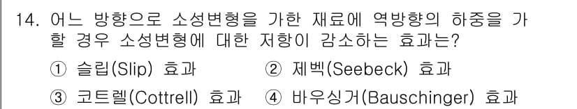 침투비파괴검사산업기사(구) 2017년 14번 - 정답은 4번 '바우싱거(Bauschinger) 효과'입니다. 이 효과는 ... 에 관한 핵심 기출문제
