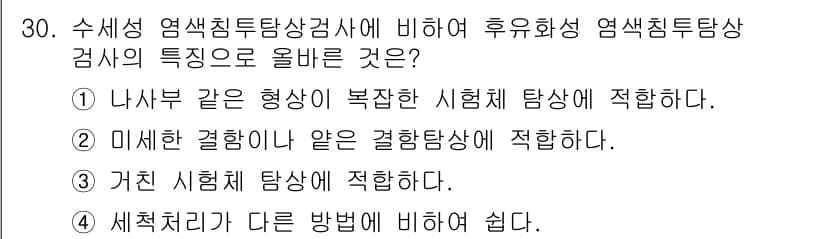 침투비파괴검사산업기사(구) 2018년 30번 - 정답과 핵심 포인트를 검수 중인 기출문제