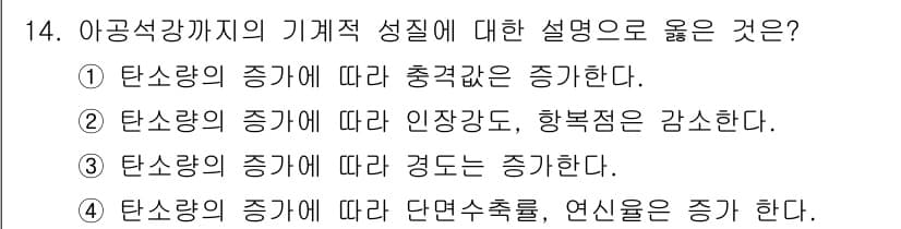 침투비파괴검사산업기사 2018년 14번 - 탄소량의 증가는 단면수축과 연성과 관련이 있으며, 이는 금속의 기계적 성... 에 관한 핵심 기출문제