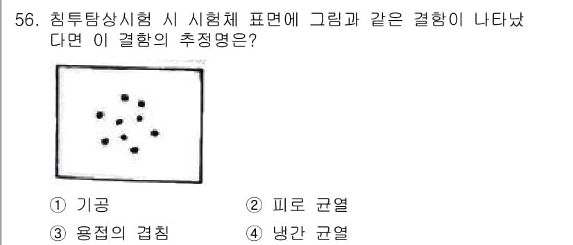 침투비파괴검사산업기사 2018년 56번 - 정답과 핵심 포인트를 검수 중인 기출문제