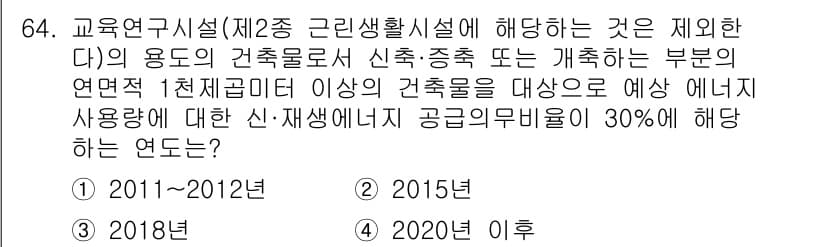 신재생에너지발전설비산업기사 2018년 64번 - 정답 4번인 "2020년 이후"는 신재생에너지 발전설비와 관련하여 201... 에 관한 핵심 기출문제