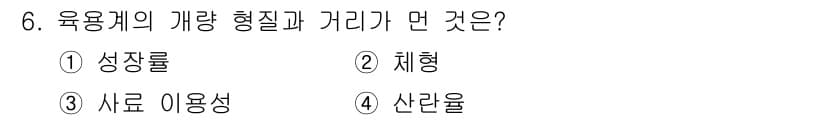 축산산업기사 2015년 6번 - 정답은 4번, 산란율입니다. 육용계의 개량 형질은 주로 성장 및 육체적 ... 에 관한 핵심 기출문제