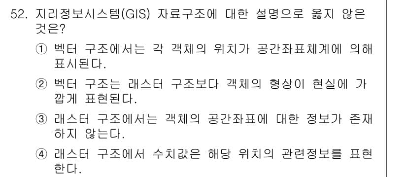 측량및지형공간정보산업기사 2018년 52번 - 래스터 구조에서는 특정 위치에 대한 정보가 존재해야 하며, 그 목적은 이... 에 관한 핵심 기출문제