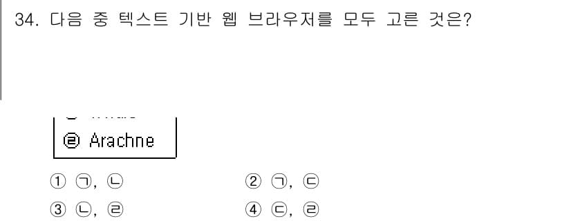 인터넷정보관리사_2급 2018년 34번 - Arachne는 텍스트 기반의 웹 브라우저로, 다른 옵션들은 대표적인 그... 에 관한 핵심 기출문제
