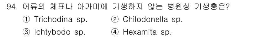 수산양식기사 2017년 96번 - . Trichodina sp.  

Trichodina는 일반적으로 어류... 에 관한 핵심 기출문제