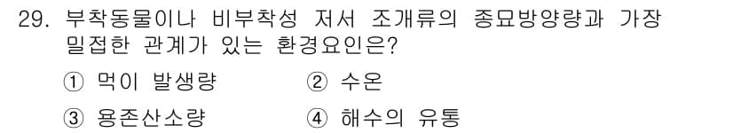 수산양식기사 2018년 29번 - . 

먹이 발생량은 수산양식에서 종의 생존과 성장에 직접적인 영향을 미... 에 관한 핵심 기출문제