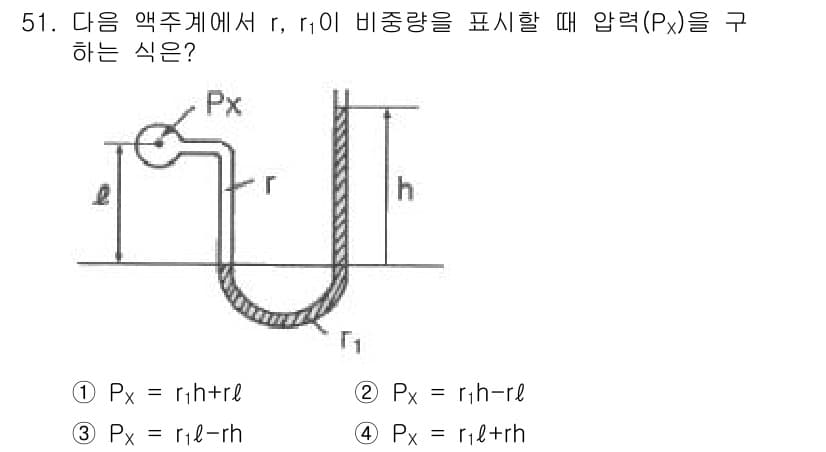 에너지관리기사 2018년 51번 - 압력(Px)은 비중량(r)과 수심(h) 및 높이(l)에 따라 결정됩니다.... 에 관한 핵심 기출문제