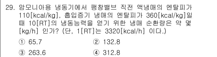 가스기능장 2017년 29번 - 주어진 문제에서 냉매의 엔탈피 차이는 흡입증기 냉매의 엔탈피에서 팽창밸브... 에 관한 핵심 기출문제