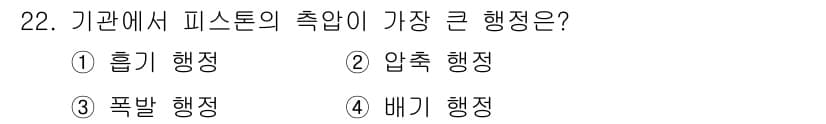 농기계운전기능사 2015년 22번 - 정답은 4번 배기 행정입니다. 배기 행정은 피스톤이 실린더 내에서 연소가... 에 관한 핵심 기출문제
