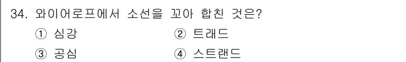 타워크레인운전기능사 2016년 34번 - 정답은 4번 스트렌드입니다. 와이어로프의 소선을 꼬아 합친 것은 스트렌드... 에 관한 핵심 기출문제