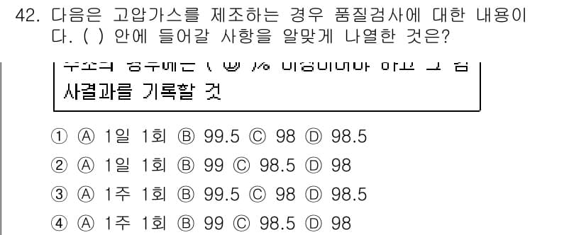 가스산업기사 2018년 43번 - 고압가스를 제조할 때 품질검사에서는 일정한 기준을 따라야 하며, 이를 통... 에 관한 핵심 기출문제