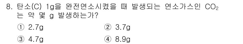 가스산업기사 2018년 8번 - 탄소(C) 1g이 완전연소할 때 발생하는 CO₂의 양은, 탄소 1g이 산... 에 관한 핵심 기출문제