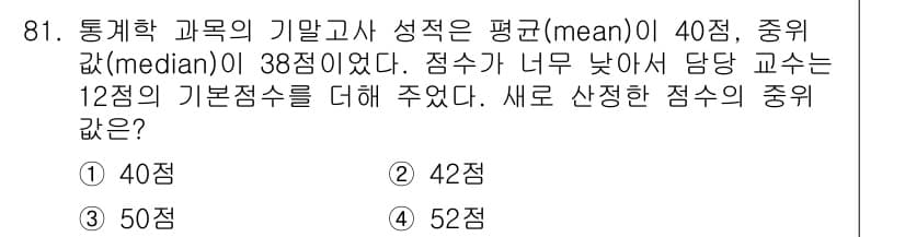 사회조사분석사_2급 2018년 81번 - 주어진 정보에 따르면, 평균(Mean)은 40점, 중앙값(Median)은... 에 관한 핵심 기출문제