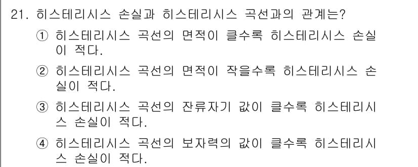 전자산업기사 2018년 21번 - . 히스테리시스 곡선의 면적은 에너지 손실을 나타내며, 작은 수록 히스테... 에 관한 핵심 기출문제