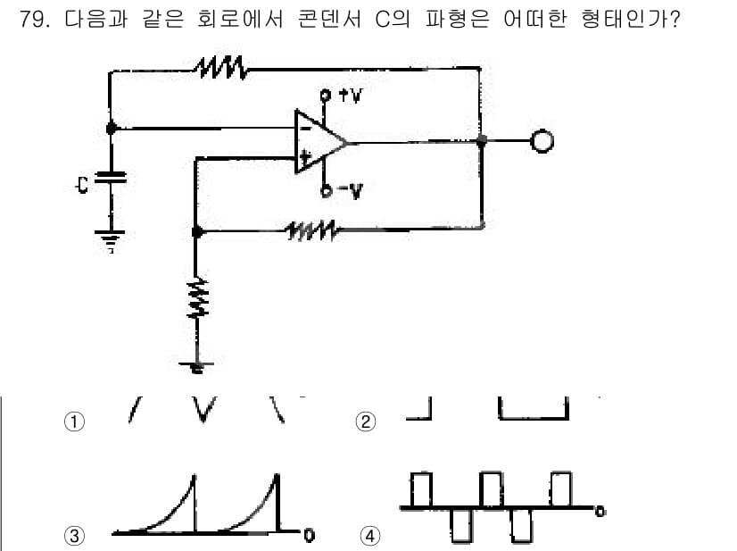 전자산업기사 2018년 79번 - 이 회로에서 콘덴서 C의 파형은 비선형적인 전압 변화를 반영합니다. 주어... 에 관한 핵심 기출문제