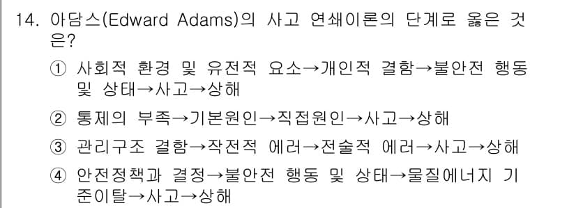 건설안전기사 2018년 14번 - . 아담스의 사고 연쇄론은 사회적 요인과 개인의 행동 간의 상호작용을 강... 에 관한 핵심 기출문제