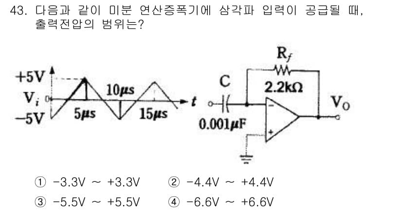 전자기사 2018년 43번 - 주어진 회로에서 두 전압원(+5V, -5V)과 출력 전압(V₀)이 있는 ... 에 관한 핵심 기출문제