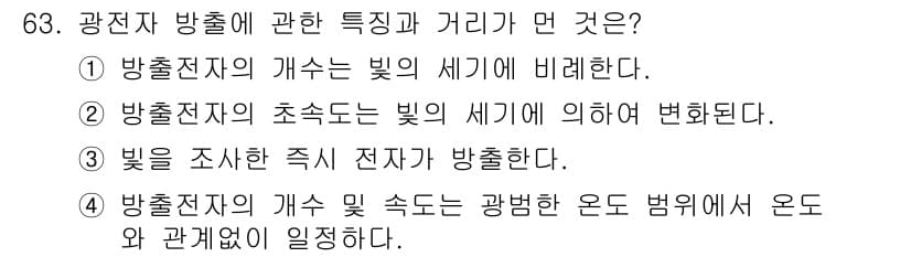 전자기사 2018년 63번 - 광전자 방출에 관한 특징과 거리는 방출자가 빛의 세기에 의해 영향을 받기... 에 관한 핵심 기출문제