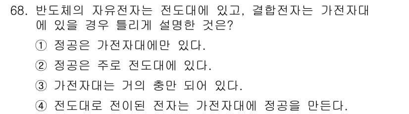 전자기사 2018년 68번 - . 반도체의 자유전자는 전도대에 있으며, 결합전자는 가치대에 있다. 자유... 에 관한 핵심 기출문제