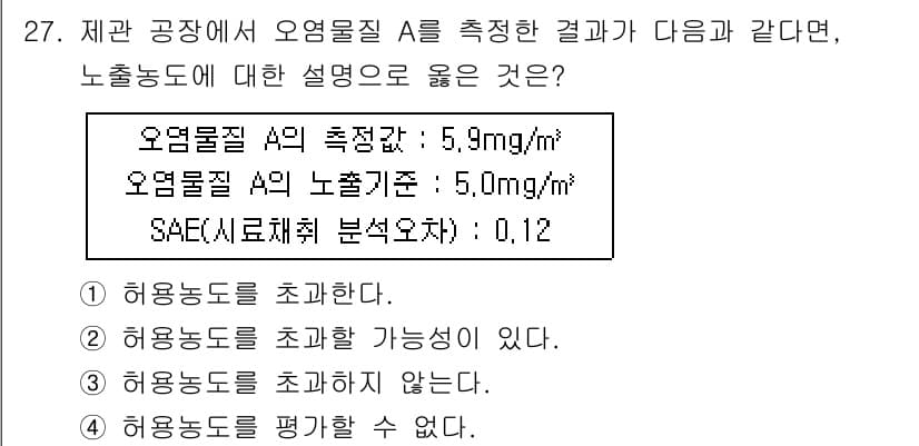 산업위생관리기사 2018년 27번 - 정답 3번이 맞는 이유는, 주어진 오염물질 A의 농도가 적정 기준을 초과... 에 관한 핵심 기출문제