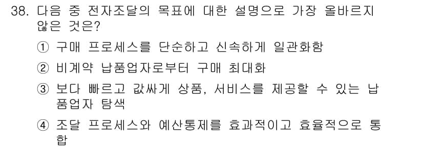 전자상거래운용사 2018년 38번 - 비계약 납품업자부터 구매를 최대화하는 것은 전자상거래의 목표와 맞지 않으... 에 관한 핵심 기출문제