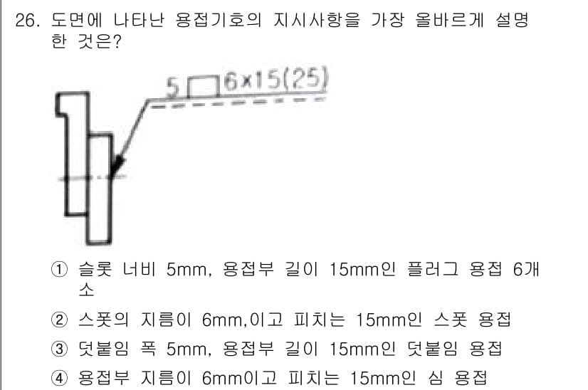 생산자동화산업기사 2018년 26번 - 5번 옵션은 슬롯 너비와 용접부 길이가 각각 5mm와 15mm로 주어진 ... 에 관한 핵심 기출문제