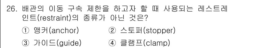 배관기능장 2018년 27번 - 배관의 이동 구속 제한 시 사용되는 레스트레인트의 종류에는 앵커, 스토퍼... 에 관한 핵심 기출문제