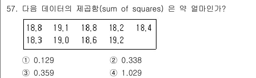 배관기능장 2018년 58번 - 주어진 데이터의 제곱합을 구하는 방법은 각 값의 제곱을 합산하는 것입니다... 에 관한 핵심 기출문제