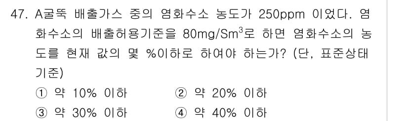 대기환경기사 2018년 48번 - 주어진 영하수소의 농도는 250ppm이다. 배출허용기준인 80mg/m³를... 에 관한 핵심 기출문제