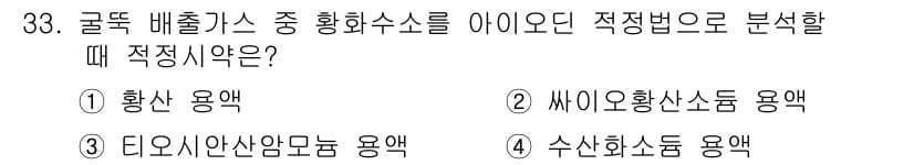 대기환경산업기사 2018년 33번 - 정답 3번, 티오시안암모늄 용액입니다. 이는 대기 중의 황산염 및 질산염... 에 관한 핵심 기출문제