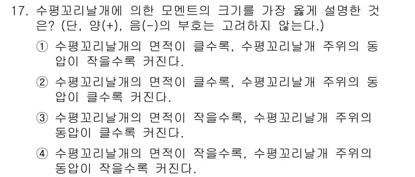 항공산업기사 2018년 17번 - 수평교량개에 의한 모멘트의 크기로 볼 때, 선택지 3이 가장 적절하다. ... 에 관한 핵심 기출문제