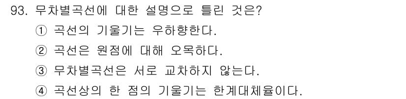 소비자전문상담사_2급 2015년 93번 - . 구선은 원점에 대해 오무하다. 

무차별곡선은 소비자의 선호도를 나타... 에 관한 핵심 기출문제