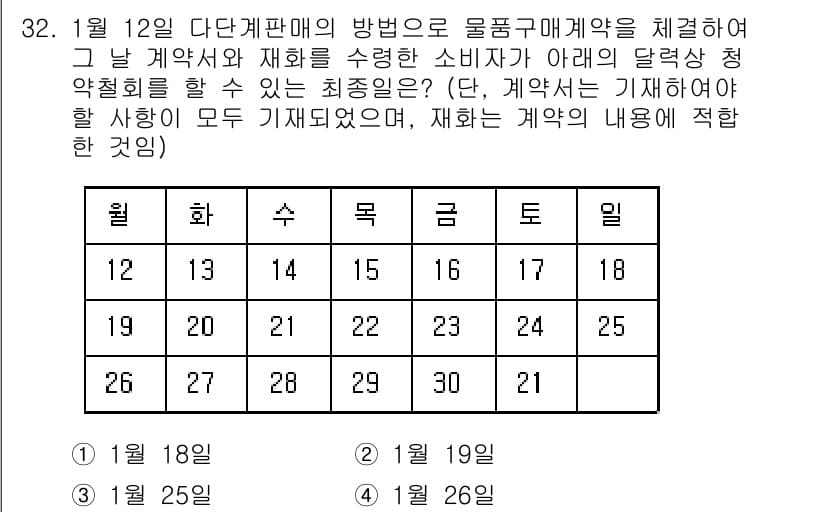 소비자전문상담사_2급 2016년 32번 - 1월 12일에 계약이 체결되었으므로, 소비자는 계약의 청약을 하기 위해 ... 에 관한 핵심 기출문제