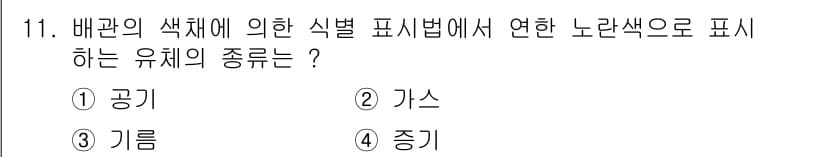 배관기능사 2015년 11번 - 배관의 색채에 따른 식별법에서는 노란색이 가스를 나타내므로, 관련 규정에... 에 관한 핵심 기출문제