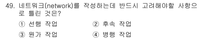 건설재료시험산업기사 2015년 49번 - . 실행 작업  
네트워크를 작성할 때는 작업 간의 관계와 순서를 명확히... 에 관한 핵심 기출문제