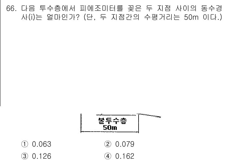 건설재료시험산업기사 2015년 66번 - 문제에서 주어진 두 점 사이의 수평 거리와 피에조미터의 높이 차를 이용하... 에 관한 핵심 기출문제