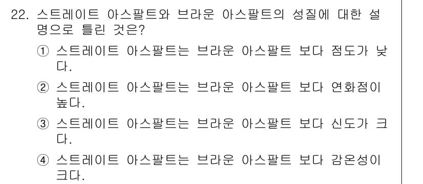 건설재료시험산업기사 2018년 22번 - 스트레이트 아스팔트는 브라운 아스팔트보다 점도가 낮고, 이는 배합 및 적... 에 관한 핵심 기출문제