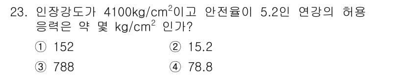 승강기산업기사 2016년 23번 - 주어진 인장강도와 안전율을 활용하여 허용 응력을 계산합니다. 허용 응력은... 에 관한 핵심 기출문제